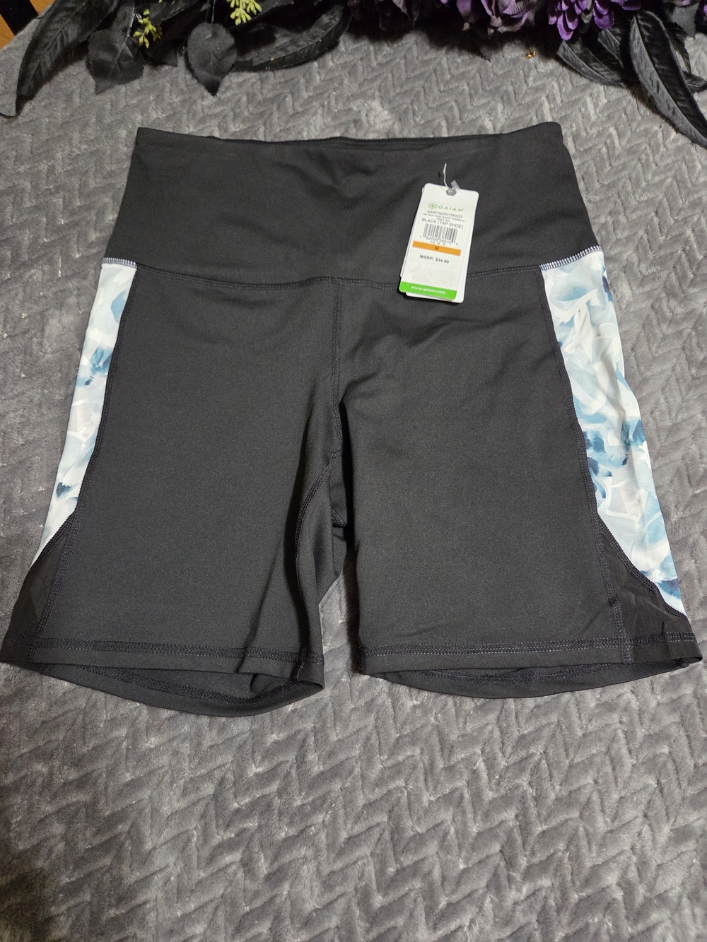 GAIAM Black Bike Shorts with Blue White Floral Side Panels